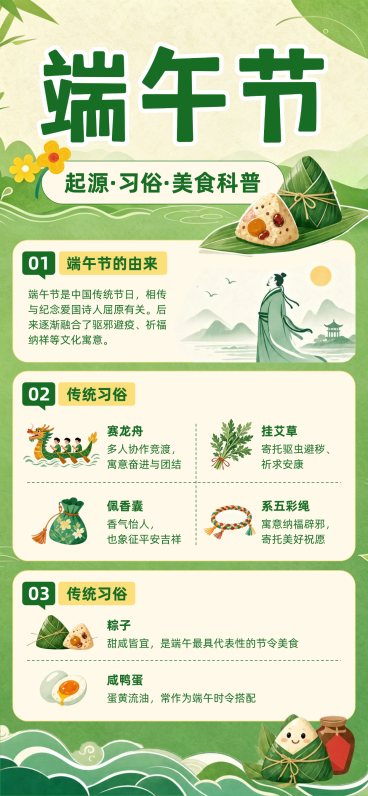 端午节节日知识科普分享清新插画风格全屏竖版海报预览效果