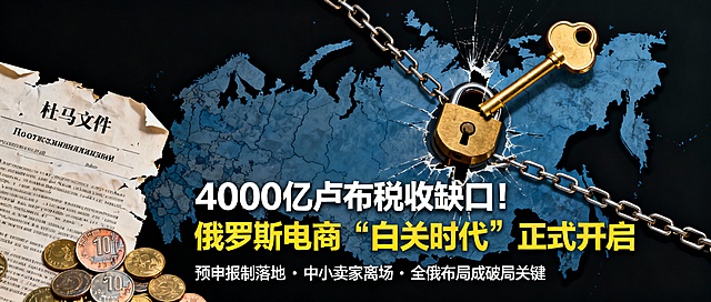 根据以下信息生成一张公众号封面比例的图片：· 构图：背景为深色俄罗斯地图轮廓。前景左侧为一份印有俄文“杜马文件”的破损纸张，与一堆散落的卢布硬币形成对比；右侧则是一把金色的钥匙，正在打开地图中部的一把锁，锁链断裂。
· 大标题（醒目居中）：4000亿卢布税收缺口！俄罗斯电商“白关时代”正式开启
· 小标题（底部）：预申报制落地 · 中小卖家离场 · 全俄布局成破局关键
· 比例：公众号常用封面比例 2.35:1 (900*383px左右)
· 风格：商务、严肃、具有冲击力和前瞻感，突出“破局”与“机遇”的核心情绪。