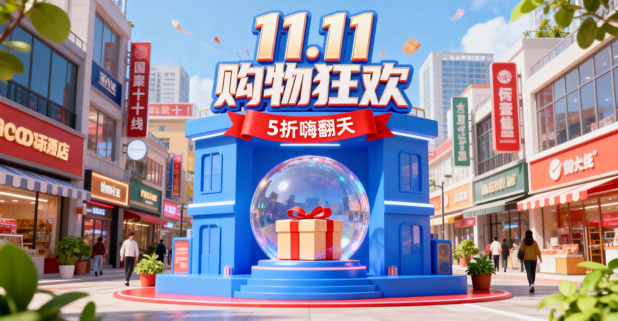 卡通3D风格双11购物狂欢主题场景，画面中央是蓝色立体建筑，建筑上方有巨型“11.11 购物狂欢”艺术字，建筑下方悬挂红色横幅写着“5 折嗨翻天”，建筑中央透明球体内有礼盒，背景是繁华都市购物街，林立预览效果