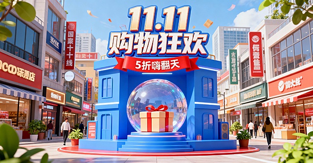 卡通3D风格双11购物狂欢主题场景，画面中央是蓝色立体建筑，建筑上方有巨型“11.11 购物狂欢”艺术字，建筑下方悬挂红色横幅写着“5 折嗨翻天”，建筑中央透明球体内有礼盒，背景是繁华都市购物街，林立各类商铺招牌，有行人与绿植点缀，整体色调明亮欢快，充满热闹的双十一线下购物促销氛围