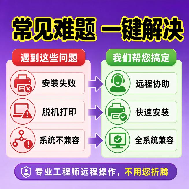 [主图-2] 东芝打印机驱动安装痛点解决主图；氛围风格统一紫渐变风格，专业问题解决场景感；画质商业设计质感，文字清晰锐利，画面干净高级，色彩通透饱满；元素渐变紫色背景，左侧用简约图标展示三个常见打印机预览效果