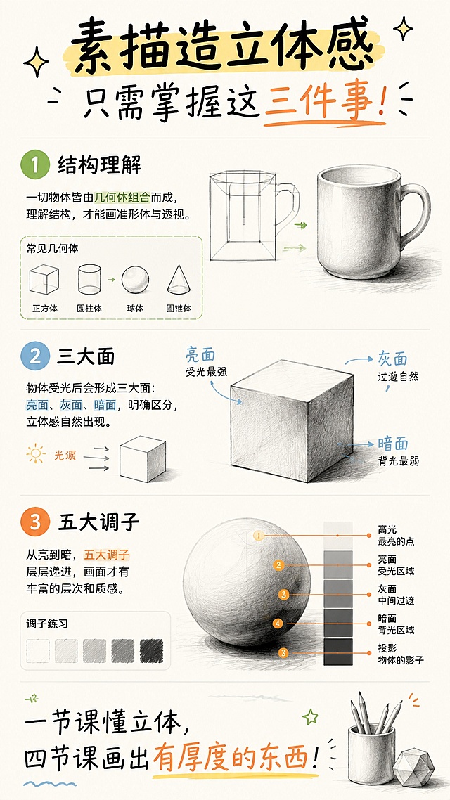 小红书方法干货图，分三点展示素描造立体感三件事：1结构理解 2三大面 3五大调子，每个方法配简单示意图说明，底部结论：一节课懂立体，四节课画出有厚度的东西，小红书美术教育风格，清晰美观
