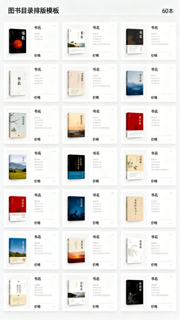 图书目录排版模板，共包含60本图书条目，每个条目预留图书图片展示位置，书名和价格文字区域，干净整洁的网格布局，适合书籍展示，简约现代设计风格预览效果