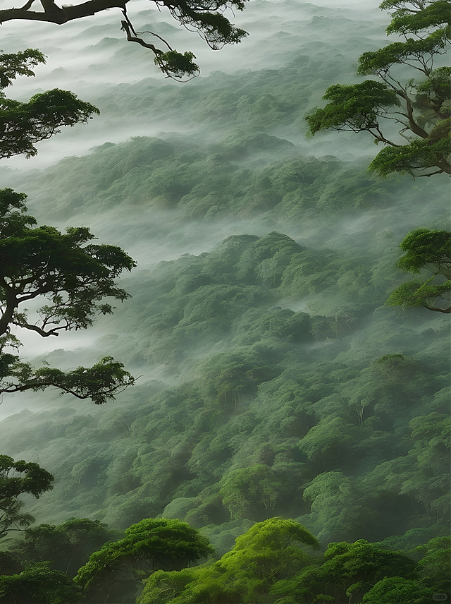 去掉图片中所有的文字，保留原有的雾林风景、树木和整体风格色调不变
