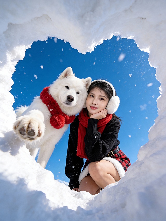 极端的仰拍视角拍摄，以蓬松洁白的雪层挖空成的小心形框架为前景，从挖空的爱心学层从下往上的角度拍摄到外面的人和猫，背景是高饱和度的纯净蓝天，同时添加动态飘落的细碎雪花，女孩和猫咪头靠头：左边狗狗戴红色毛绒围脖，身体前倾，用爪子伸向镜头；右边女生穿黑色宽松版型针织开衫，领口简洁，搭配正红色针织围巾；红黑格纹高腰短裙，裙摆拼接白色毛绒边（蓬松软糯质感），白色毛绒耳罩。她单手托下巴，蹲在洞口前，身体往前探，对着镜头自然的微笑。画面采用极具冲击力的超广角鱼眼镜头自拍视角，整体光影为自然日光，色彩鲜艳，8K超高清画质。高饱和色彩，网红打卡感，营造冬日户外鲜活氛围感。