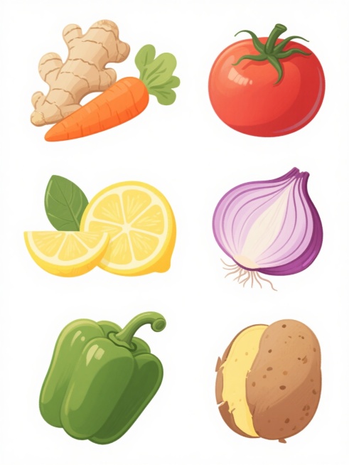 一套6个不同元素的手绘风格食材插画系列，保持原生姜插画的统一风格——写实与卡通结合的手绘质感、细腻的线条勾勒、柔和的渐变色彩、局部高光处理、简洁无背景设计，每个元素都包含完整食材主体、切开的剖面展示和搭配的绿色叶子，元素类目为常见食材，画面整体色彩各不相同，所有插画规整排布成2行3列的网格布局，元素分别为：橙色胡萝卜（带绿叶和切开的橙色剖面）、红色西红柿（带绿叶蒂和切开的红色剖面）、紫色洋葱（……预览效果