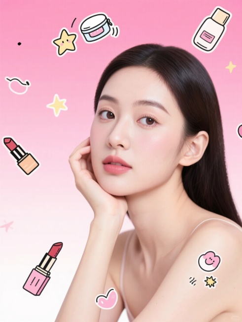 标题内容为“护肤品好物推荐”，画面主视觉为一个年轻的女性托腮思考，写实摄影人像，背景为渐变粉色，口红、护肤品、星星、化妆品等可爱插画元素陪衬预览效果