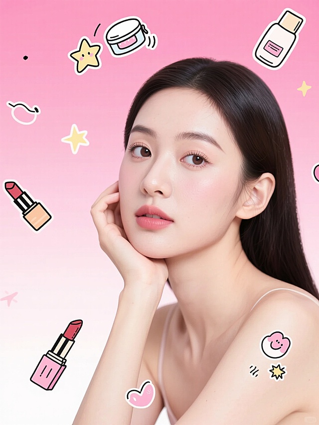 标题内容为“护肤品好物推荐”，画面主视觉为一个年轻的女性托腮思考，写实摄影人像，背景为渐变粉色，口红、护肤品、星星、化妆品等可爱插画元素陪衬