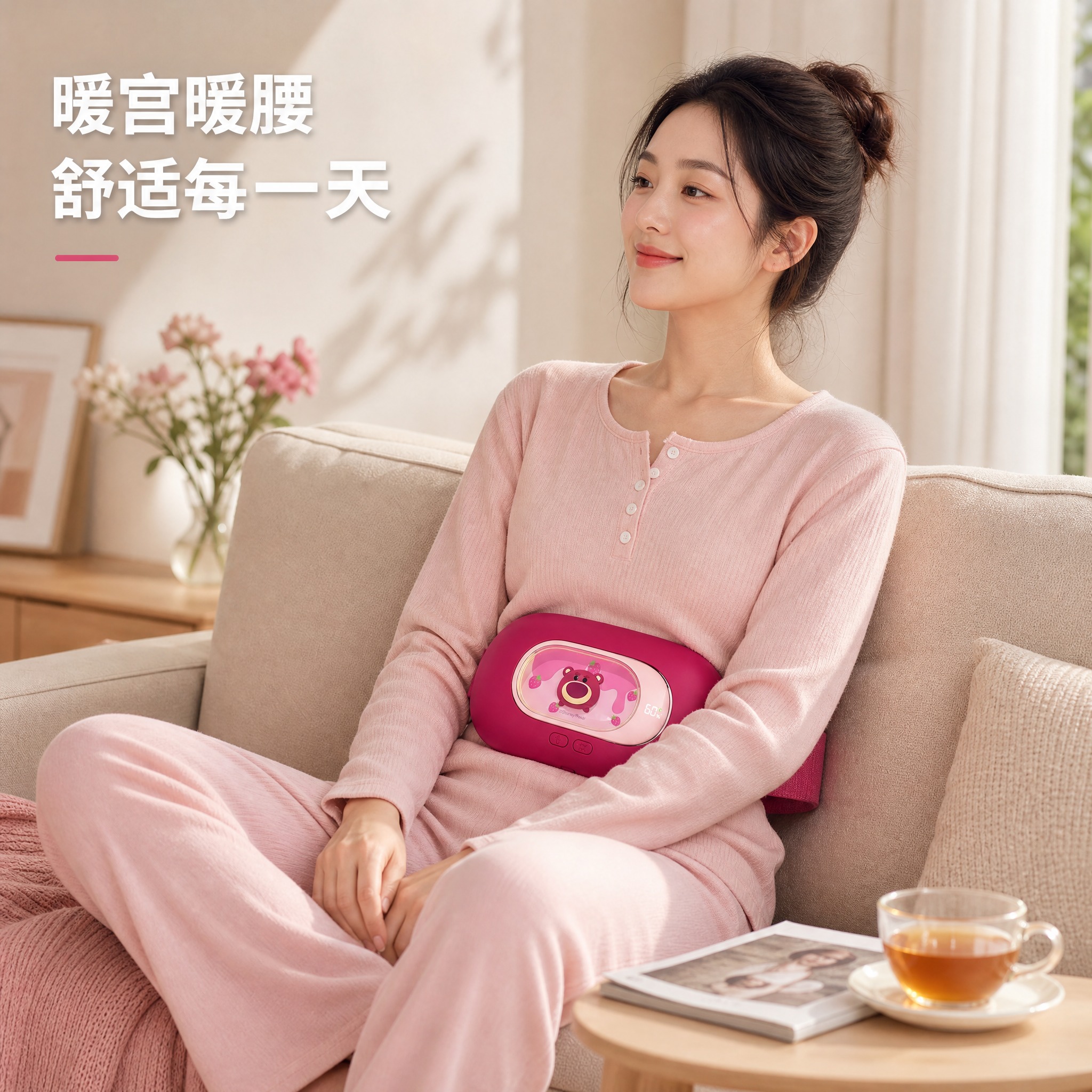 [主图-4] 真实使用场景 展示女性佩戴暖宫腰带在居家沙发上的… - 图片创意预览