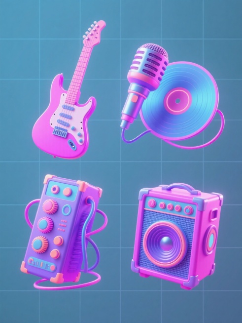 四个3D风格的音乐节元素素材，以规整网格排布在纯色背景上。每个元素造型各异，包含电吉他、音箱、麦克风、唱片等音乐节相关物体。整体采用明亮鲜艳的色彩，以粉色、紫色、蓝色为主色调，带有霓虹光效和渐变处理。物体表面有丰富的细节纹理，如旋钮、按钮、线缆等，呈现出立体感和材质感。光影效果突出，有明显的高光和阴影，营造出空间层次。设计风格充满活力和动感，符合音乐节的热闹氛围。预览效果