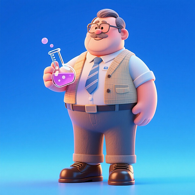 中年男教师（胖胖的，拿烧杯，穿皮鞋），全身，元素完整。蓝色渐变背景