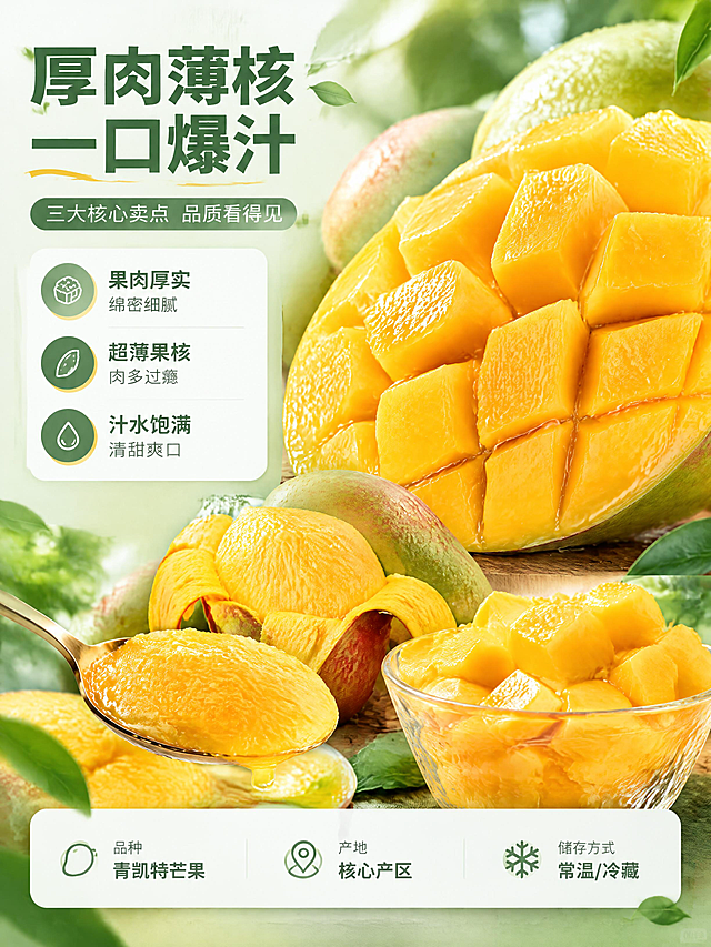 [商品] 使用【图1】中芒果切花（第一行右图）、剥皮芒果（第三行中间图）、果肉勺舀特写（第三行左图）；保留芒果金黄色果肉、厚实绵密质感、果核超薄形态、汁水充盈的真实状态；果肉纹理自然，色泽鲜亮诱人。
[画面] 页面目标：突出果肉特写与三大核心卖点（果肉厚、果核薄、汁水足）及产品信息。构图：左文右图分栏，左侧卖点信息区，右侧果肉大特写主视觉。主体果肉占画面55%，微距特写果肉切面纹理与汁水，前景玻璃碗芒果块点缀，中景切花芒果与剥皮芒果组合展示，≥3层视觉层次。阅读动线：从左至右，先标题后卖点再产品特写。
[视觉] 套系策略：风格=清新高级生鲜电商商业摄影；标题字=现代无衬线粗体（思源黑体风格）；正文字=简洁无衬线体；主色=清新果绿+纯净白色；背景延展=基于果绿做深浅层级（浅绿渐变、白绿过渡）、细腻纸张/自然肌理质感；强调色=暖金色，仅用于小面积图标、引线和标签点缀；标题色=深森林绿；正文色=深灰绿；组件=圆角白底信息卡、细线引线、绿叶装饰元素；光影=自然柔光，左前侧阳光感，通透明亮。
[文字] 左上主标题"厚肉薄核 一口爆汁"（≤10字），副标题"三大核心卖点 品质看得见"，下方3个卖点配图标：①果肉厚实 绵密细腻 ②超薄果核 肉多过瘾 ③汁水饱满 清甜爽口。底部产品信息区：品种-青凯特芒果、产地-核心产区、储存方式-常温/冷藏。文字区位于左侧，白底圆角卡片承载，所有文字横向排版，手机端清晰可读，不遮挡果肉主体。
[规格] 图片比例3:4竖版（宽750px高1000px），分辨率4K，负向提示：避免变形、错字、文字过小、冷蓝/蓝灰背景、芒果颜色改变、出现平台Logo/水印、绝对化用语、果肉质感失真。