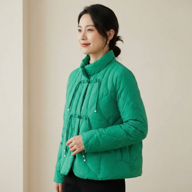 这是一款羽绒服外套，帮我生成10张人物模特图片，10张图片不同角度，要求同一个女生模特，模特年龄大约28-40岁之间预览效果
