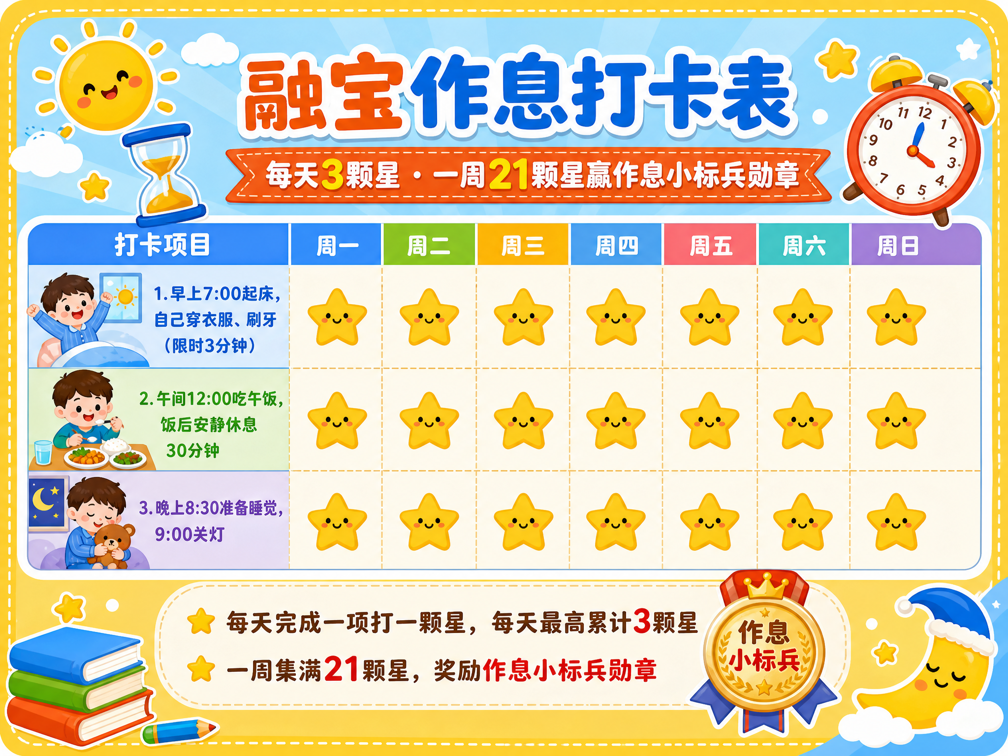 一张横屏4:3比例的儿童作息打卡表矢量插画海报，标题为"融宝作… - 图片创意预览
