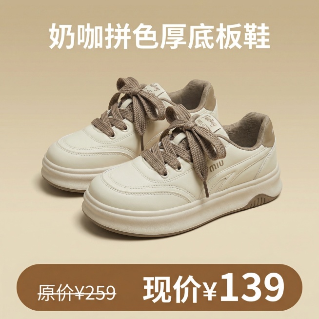 将图片修改为电商主图，整理鞋带，背景改为干净的浅卡其色渐变，底部添加通栏棕色促销栏，左侧标注“原价¥259”划掉，右侧突出显示“现价¥139”，顶部添加“奶咖拼色厚底板鞋”文字预览效果