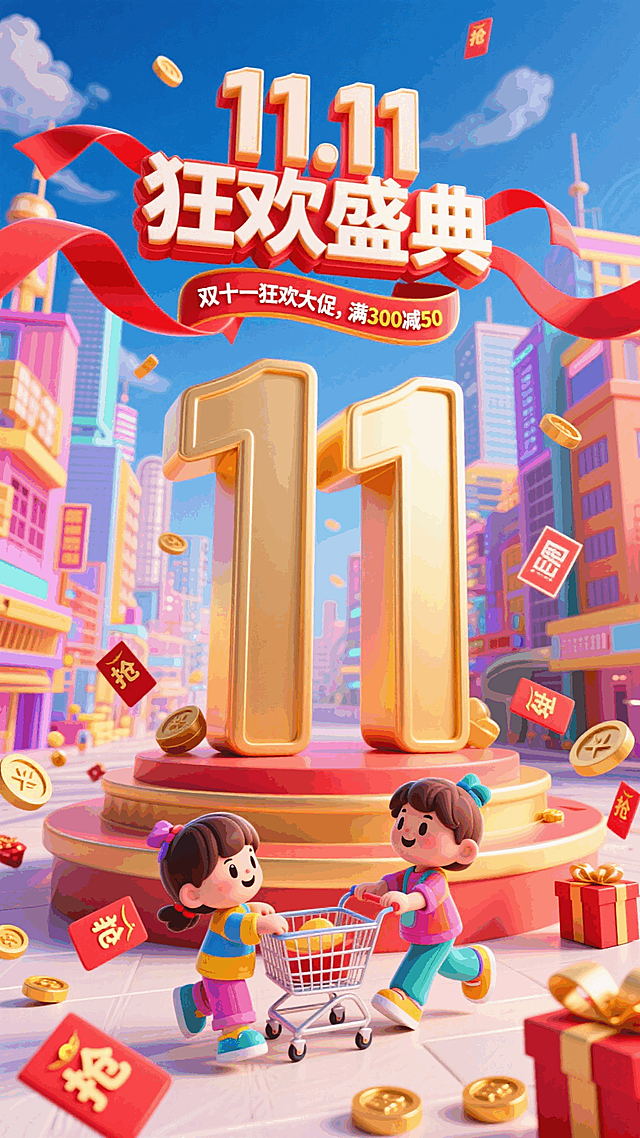 画面以巨型金色 “11” 装置为视觉核心，上方悬挂 “11.11 狂欢盛典” 立体标题牌，搭配红色飘带标注 “双十一狂欢大促，满 300 减 50”。场景中，两个卡通儿童推着购物车穿梭其间，周围散落红包、礼物盒、金币与 “抢” 字标识，背景是色彩缤纷的奇幻都市建筑。