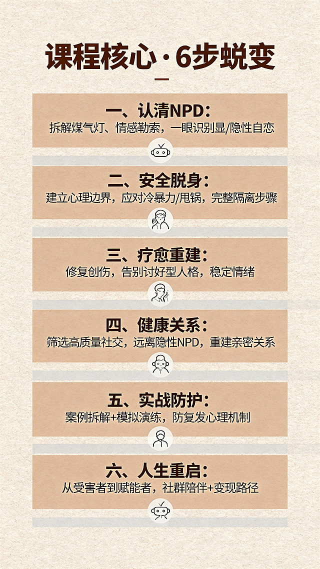 制作一张课程核心内容长图，标题为“课程核心 · 6步蜕变”，分六点清晰排版：一、认清NPD：拆解煤气灯、情感勒索，一眼识别显/隐性自恋；二、安全脱身：建立心理边界，应对冷暴力/甩锅，完整隔离步骤；三、疗愈重建：修复创伤，告别讨好型人格，稳定情绪；四、健康关系：筛选高质量社交，远离隐性NPD，重建亲密关系；五、实战防护：案例拆解+模拟演练，防复发心理机制；六、人生重启：从受害者到赋能者，社群陪伴+变现路径，整体风格简约清晰，暖棕色调，专业舒适