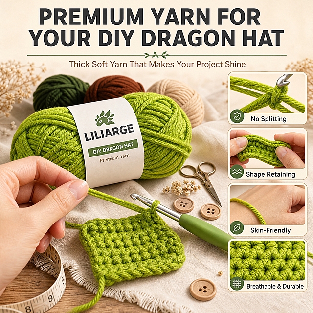 [主图-4 龙款DIY材料包] 主题：Premium Yarn for Your DIY Dragon Project 高品质DIY纱线材料。唯一任务：展示材料包中的纱线品质，厚实亲肤、防劈叉、保形好，让你的手工作品持久耐用。
[统一基调] 跨境亚马逊风格，温暖治愈的手工编织场景，原木色桌面+米白色棉麻桌布背景，英文无衬线粗体标题字色为深炭灰，辅助说明字色为暖棕色，强调色用森林绿点缀图标和分隔线，卡片用米白色底+浅棕细边。
[画面] 画面为手工材料特写场景：原木色桌面铺米白色亚麻布，左侧是一大团亮绿色毛线（带白色标签）的微距特写，毛线团旁有一只手（欧美女性，自然肤色）轻轻拉线，展示纱线顺滑不劈叉。绿色手柄钩针上挂着一小段刚钩好的绿色织片，清晰展示均匀的针脚。右侧排列4个方形证据小格：第1格展示钩针拉线时绿色纱线不劈叉的微距特写，标注"No Splitting"；第2格展示手捏折叠织片后回弹，标注"Shape Retaining"；第3格展示毛线贴在手背，标注"Skin-Friendly"；第4格展示编织纹理的透气特写，标注"Breathable & Durable"。桌面散落木质纽扣、干花、小剪刀、皮尺。背景中还能看到深绿色、棕色、米色毛线团的一部分，展示多色搭配。产品主体占画面约60%。
[光影质感] 柔和侧逆光突出毛线纤维蓬松感和绒面光泽，微距细节清晰锐利，手部动作自然，木质桌面温暖有质感。
[配色] 背景原木色+米白亚麻，纱线龙款亮绿+深绿+棕色+米色真实颜色，文字深灰+暖棕，强调色森林绿。
[文字版式] 顶部大标题："PREMIUM YARN FOR YOUR DIY DRAGON HAT"；副标题："Thick Soft Yarn That Makes Your Project Shine"；每个证据小格下方配英文标签。
[输出要求] 1:1正方形，2048x2048，2K分辨率，文字清晰，材质细节清楚。负向：变形、错字、模糊、杂乱、水印、平台Logo、中文、悬浮、穿模、畸形手、灰色系、狼款元素。