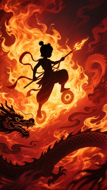 一张以汹涌燃烧的火焰为背景的海报，火焰呈现出明亮的橙黄色核心过渡到深沉的暗红色边缘，具有高度写实的质感和动态的流动感，光影对比强烈，高光区域明亮耀眼，阴影部分深邃浓重。画面中央偏上位置有一个清晰的哪吒剪影，他脚踏风火轮，手持火尖枪，身披混天绫，姿态英武，剪影边缘锐利。哪吒剪影的周围和背景火焰中巧妙融入龙纹剪影元素，龙纹线条流畅，呈现出盘旋飞舞的姿态，与火焰的流动感相呼应。整体设计风格统一，火焰……预览效果