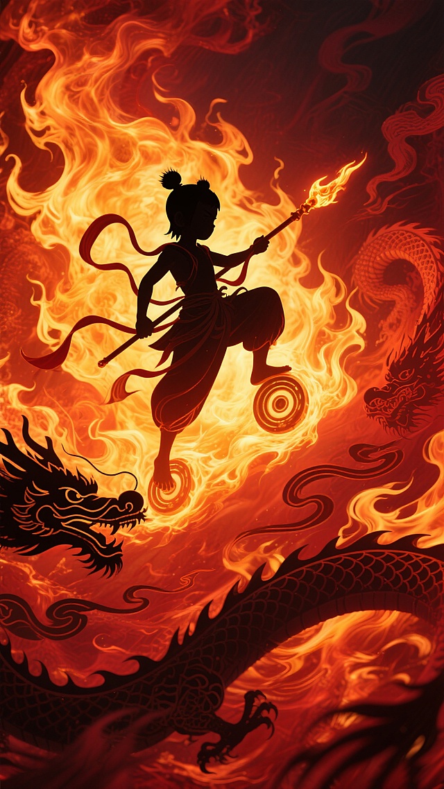 一张以汹涌燃烧的火焰为背景的海报，火焰呈现出明亮的橙黄色核心过渡到深沉的暗红色边缘，具有高度写实的质感和动态的流动感，光影对比强烈，高光区域明亮耀眼，阴影部分深邃浓重。画面中央偏上位置有一个清晰的哪吒剪影，他脚踏风火轮，手持火尖枪，身披混天绫，姿态英武，剪影边缘锐利。哪吒剪影的周围和背景火焰中巧妙融入龙纹剪影元素，龙纹线条流畅，呈现出盘旋飞舞的姿态，与火焰的流动感相呼应。整体设计风格统一，火焰的热烈氛围与哪吒、龙纹的神话主题相得益彰，视觉冲击力强，能迅速抓住观者目光，传达出力量与激情的核心信息。