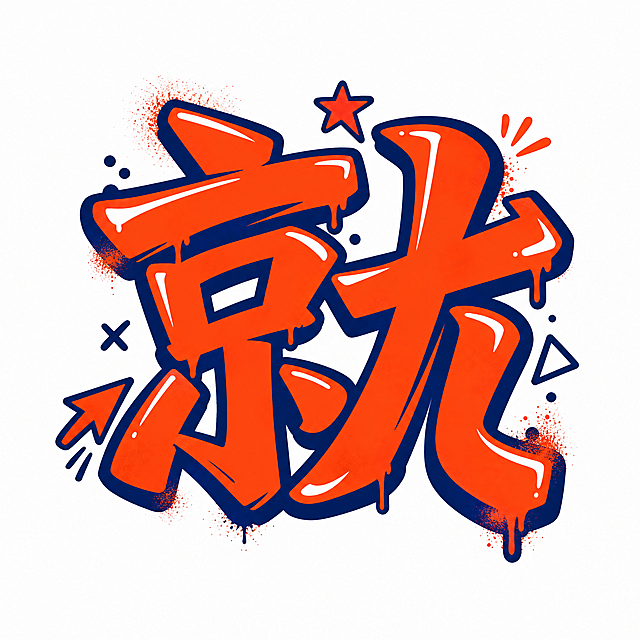 干净的纯白色背景。平面艺术字体设计，单字"就"，街头涂鸦插画风格，精简创意。笔画粗犷有力，如同马克笔快速书写的痕迹，笔画边缘带有轻微流淌效果，字形结构夸张变形但保持高识别度，字中融入简洁的插画小元素（如小箭头、星星、几何图形）与笔画自然融合。主体色为活力橙红色，带有深蓝色粗描边，白色高光点缀。仅包含1个字："就"，不得增加、遗漏或替换任何一个字。装饰喷漆颗粒与小符号融入笔画末端，风格完全统一，装饰元素精简不繁杂。文字整体必须完整呈现在画面内不可被裁切，四周留有安全边距。比例1:1。