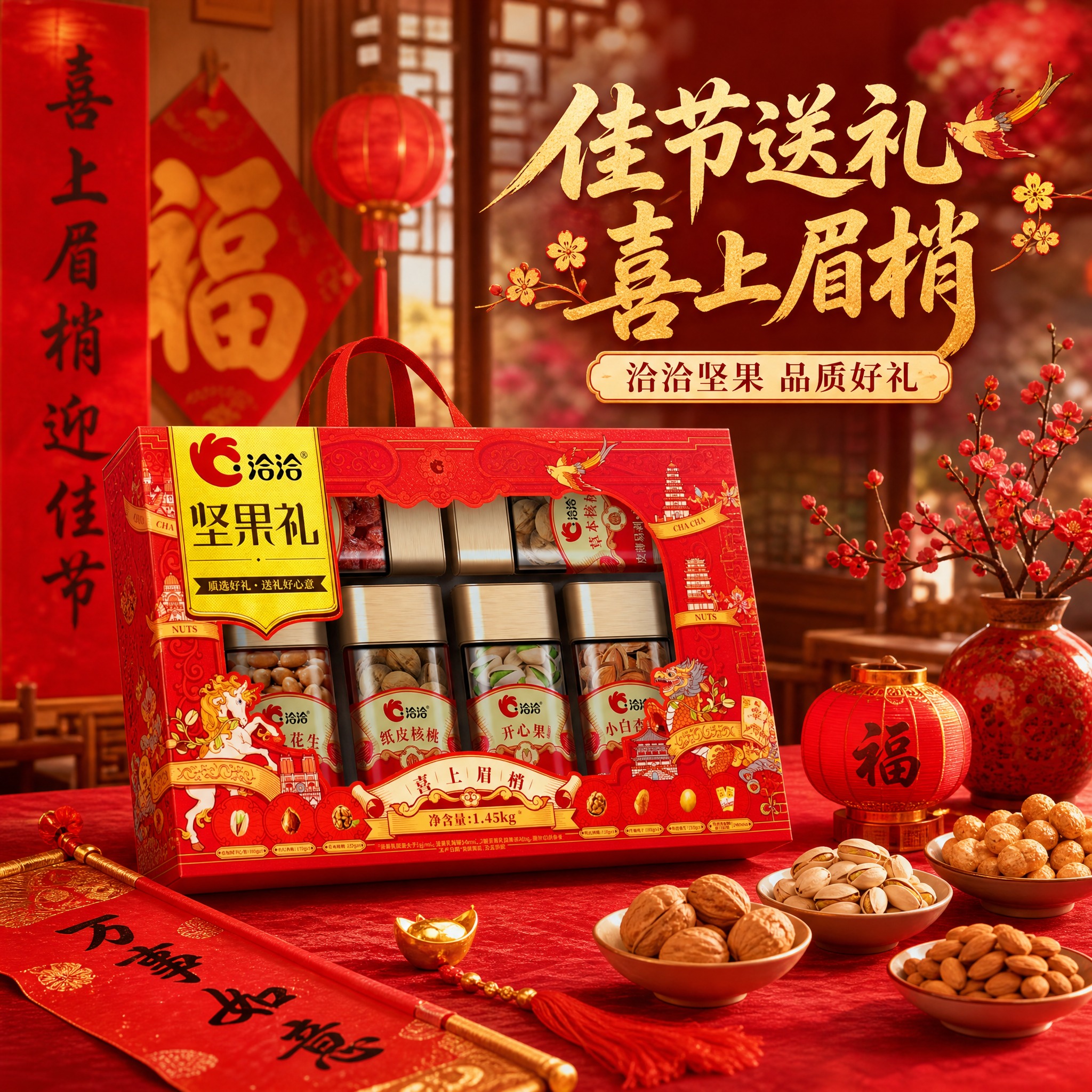电商主图，洽洽坚果礼喜上眉梢第三张。喜庆送礼场景：礼盒放置在中… - 图片创意预览