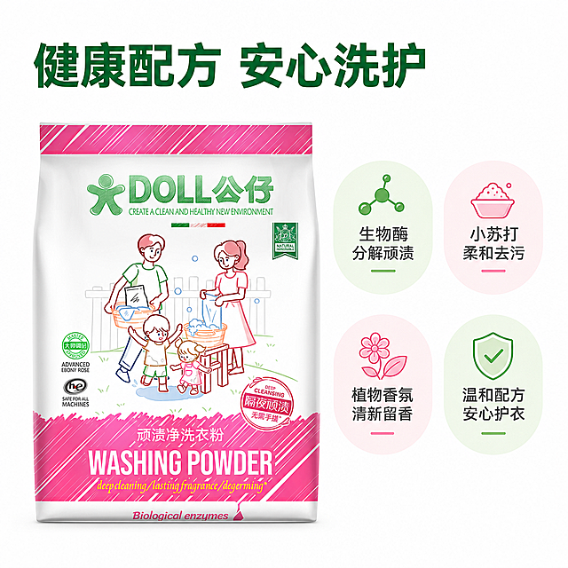 [主图-3] 公仔顽渍净洗衣粉核心成分展示图。
[氛围风格] 干净专业，突出安心感与品质感。
[画质] 商业摄影质感，细节清晰通透，产品真实，文字清晰可辨，超高清。
[元素] 公仔洗衣粉包装袋在画面左侧居中展示，右侧为四个核心成分卖点卡片排列。保持洗衣粉包装外观与输入产品图绝对一致，杜绝变形色差。四个圆形浅色卡片分别标注：生物酶、小苏打、植物香氛、温和配方，每个卡片配对应简约小图标。商品整体占比约70%，画面干净清爽无多余元素。
[光影] 均匀柔和的棚拍光线，左侧产品光照自然，右侧卡片亮度一致，整体明亮干净，没有杂乱阴影。
[配色] 背景为纯白色，产品保持原有色彩，卖点卡片为浅绿浅粉低饱和度颜色，文字深灰色清晰可读。
[视角构图] 左产品右卖点的平分构图，结构清晰，主体突出。
[文字版式] 顶部左侧大字写"健康配方 安心洗护"，深绿色粗体。四个卖点卡片内，图标下方写对应成分名称，黑色清晰字体，每个卡片下方小字补充功能说明，如生物酶"分解顽渍"，小苏打"柔和去污"。排版整齐，文字不遮挡产品主体。
[比例分辨率] 1:1比例，4K分辨率。
[负向提示词] 变形，水印，文字错乱，产品模糊，背景杂乱，过度科技风，工业感太强。