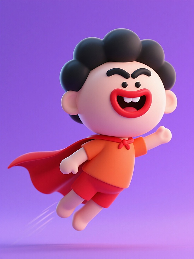 一个人露牙大笑，红色披风，红橙色衣服，空中飞行，全身远景，紫色背景