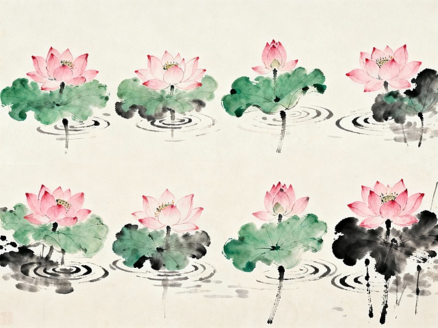 水墨风荷花图，工笔细腻，国潮韵味，清新柔和，静谧古典，肌理自然，视觉氛围悠远。