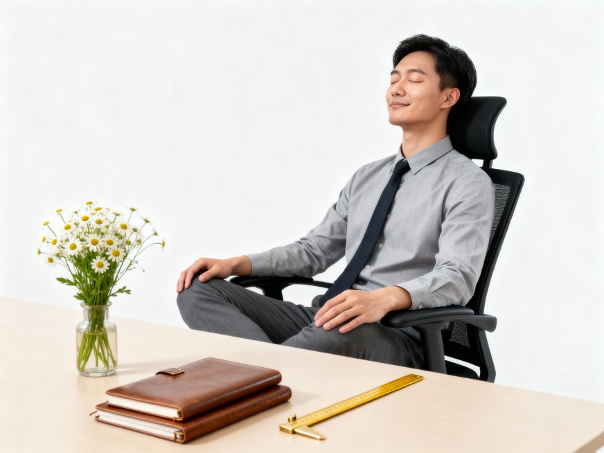 A young, healthy Chinese professional sitting comfortably in a modern office chair. Eyes are gently预览效果