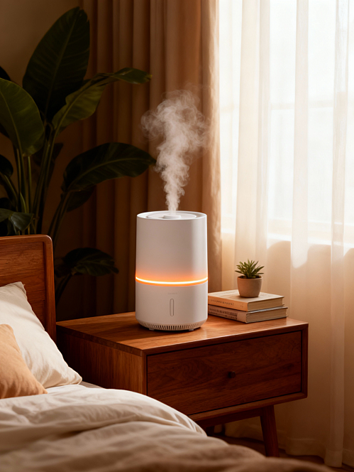 以俯视角度拍摄平铺的主体，主体居中（占画面比为25%），主体下方点缀两簇新鲜小绿叶；柔和的低饱和黄绿色背景，保证溶图效果