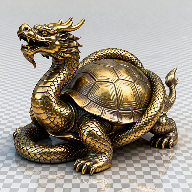 参考金色白虎的3D立体金属质感风格，生成一只中国传统四象之一的玄武（龟蛇合体），整体为金色金属材质，造型庄重威严，透明背景，与金虎、金龙风格统一