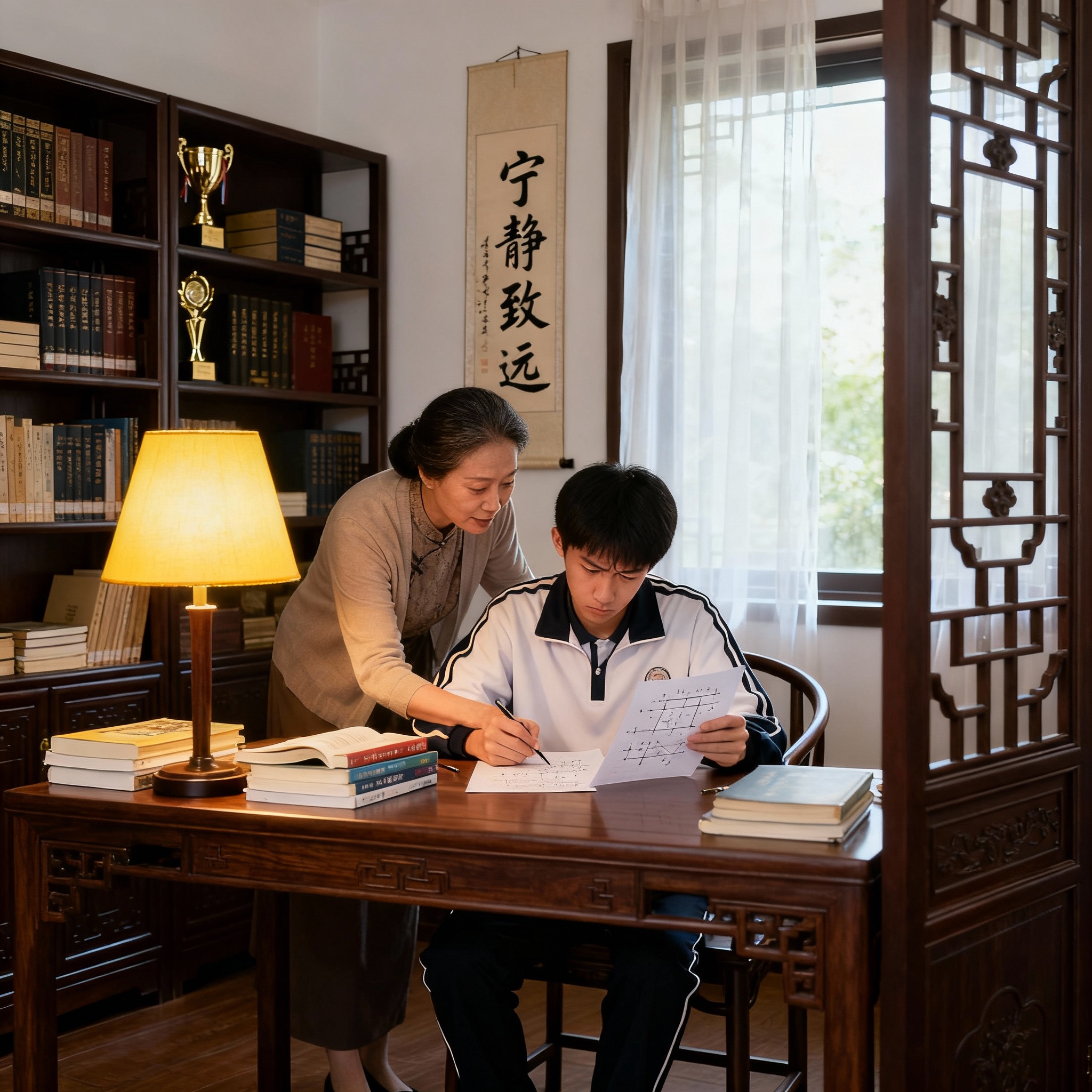 高中家长在辅导15岁的学生高中数学作业，孩子穿着校服，母子或母… - 图片创意预览