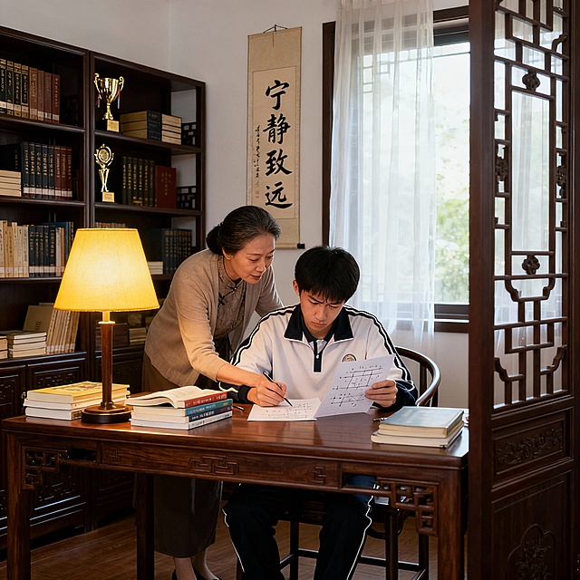 高中家长在辅导15岁的学生高中数学作业，孩子穿着校服，母子或母女，中国人面孔。帮我生成20张