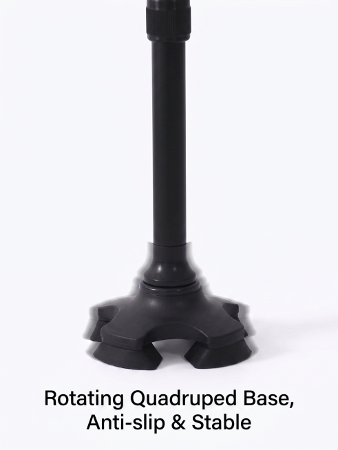 Product image of rotating four-foot base for walking cane, non-slip and stable, with English text "R预览效果