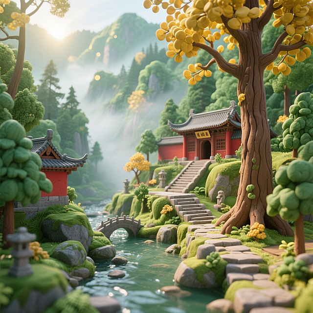 中式古典插画风，清新软3D虚拟自然，红墙古寺隐于青山绿水间。