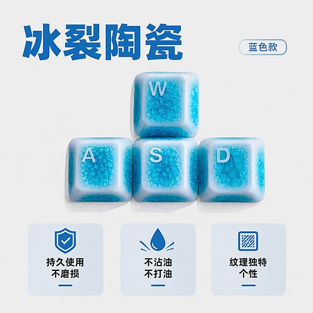 [主图-2] 蓝色渐变冰裂纹陶瓷wasd键帽展示。氛围风格：干净简洁高性价比数码配件风格；画质：商业摄影质感、光线柔和通透、产品清晰真实、画面干净高级。元素：蓝色渐变冰裂纹陶瓷wasd键帽居中饱满展示，键帽冰裂纹理清晰通透，保持产品外观物理结构、材质质感、颜色与输入蓝色款产品图绝对一致，杜绝任何变形和色差，精细化处理。商品主体占比严格控制在65%左右，画面满屏无边框，简洁浅灰色背景干净突出主体。光影：正面柔光均匀铺光，裂纹缝隙高光立体，阴影自然，整体明暗层次清晰。配色：主色调冰蓝色渐变，浅灰背景清爽干净。视角构图：平视拍摄，键帽整体居中，轮廓完整不裁切，景深适中。文字版式：左上负空间左对齐留安全边距，大字主文案写“冰裂陶瓷”，蓝色最大号粗体无衬线，右侧小字标注蓝色款。下方三个卖点小卡片分开展示，卡片内文字分别是：持久使用 不磨损、不沾油不打油、纹理独特 个性，卡片配色与蓝色键帽协调，文字深色清晰可读。比例分辨率：1:1 比例，文字清晰锐利，画面超高清。负向提示词：变形，水印，文字错乱，产品图模糊，背景杂乱