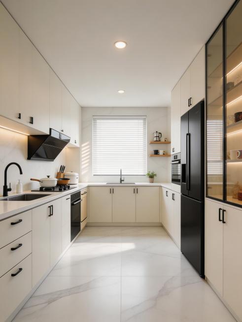 超写实室内空间摄影，商业实景拍摄质感，广角平视视角，完整呈现现代简约奶油风U型封闭式厨房，整体空间明亮通透，干净整洁无杂物，收纳规整。整体空间以低饱和度奶白色为主色调，搭配鱼肚白连纹岩板墙面与地面，黑预览效果