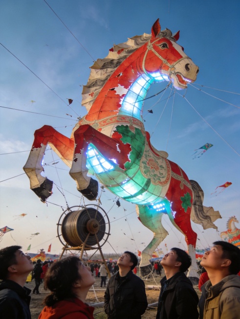 中国山东潍坊风筝节，巨型工笔纸马挣脱线轴，纸面工笔朱砂×石绿剥落，内部 LED 冷白透射，形成冷暖撞色，地面人群仰拍广角， --ar 3:4 --stylize 890预览效果