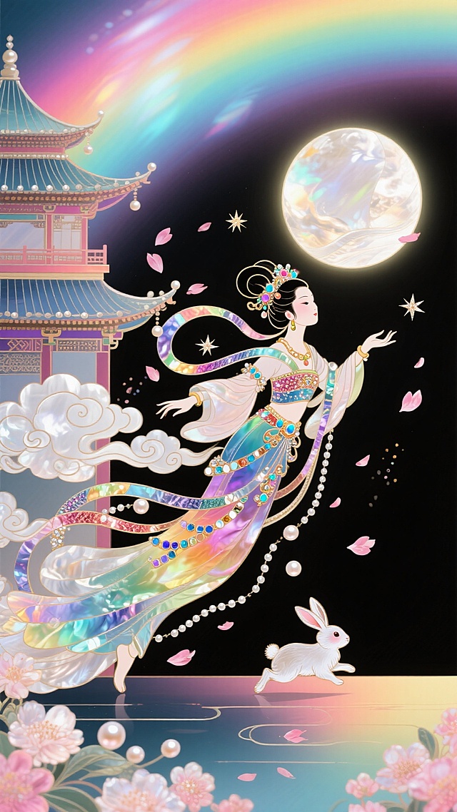 国风，嫦娥奔向一轮圆月，衣摆飘逸。圆月是贝母感觉（散发着光芒），嫦娥周身环绕着祥云和飘落的花瓣，星星点点的珍珠散落，一只玉兔紧跟嫦娥，背景彩色流光，有花朵，楼阁，典雅，柔和