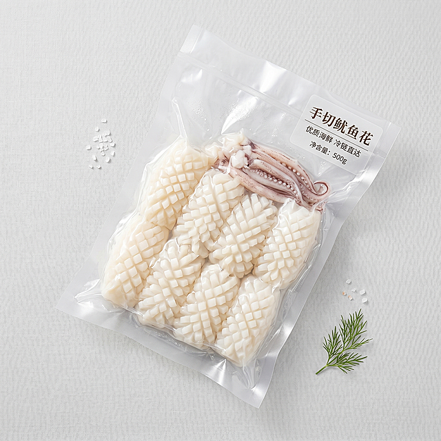 手切鱿鱼花整份成品展示电商主图，新鲜海鲜食材，包装好的冷链产品，淘宝主图风格，干净背景