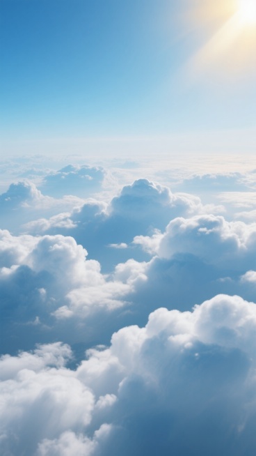 高空俯瞰视角，纯净蔚蓝天空自上至下渐变，蓬松白色积云如棉絮层叠满视野，画面右上金色阳光洒落，云层边缘亮光晕，部分云现微妙阴影，宁静开阔神圣，色彩清新通透，光影柔和细腻，干净现实风背景素材用的云海场景预览效果