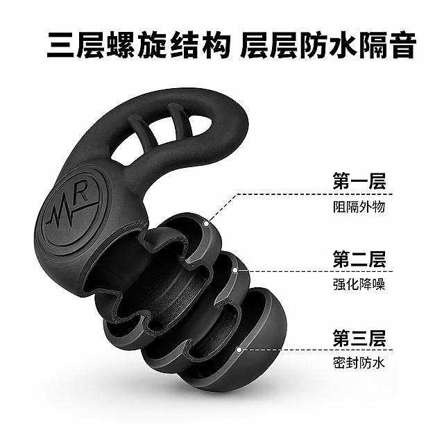 [主图-2] 三层防水结构卖点展示图
[氛围风格] 清晰专业的功能展示电商风
[画质] 商业摄影质感，产品细节清晰，画面干净通透
[元素] 鲨鱼鳍硅胶耳塞居中放置，通过剖面拆分展示三层螺旋结构，标注出每层防水阻隔结构。保持耳塞产品整体形状大小颜色材质与原图一致，仅展示内部剖面结构。背景为浅纯白色，不遮挡主体。商品主体占比约65%，画面干净不杂乱
[光影] 均匀柔和侧逆光，突出多层结构的层次感，轮廓清晰
[配色] 浅白背景搭配黑色产品，结构线条深色标注对比清晰
[视角构图] 平视45度斜视角，剖面结构完整展示，景深适中
[文字版式] 顶部大标题写“三层螺旋结构 层层防水隔音”，黑色粗体居中，下方对应每层结构标注文字，说明各层功能：“第一层 阻隔外物”、“第二层 强化降噪”、“第三层 密封防水”。文字均清晰排列在结构侧边，不遮挡主体
[输出要求] 1:1 比例，文字清晰可辨，超高清商业摄影质感
[负向提示词] 变形，文字错乱，产品模糊，背景杂乱，水印，多余装饰