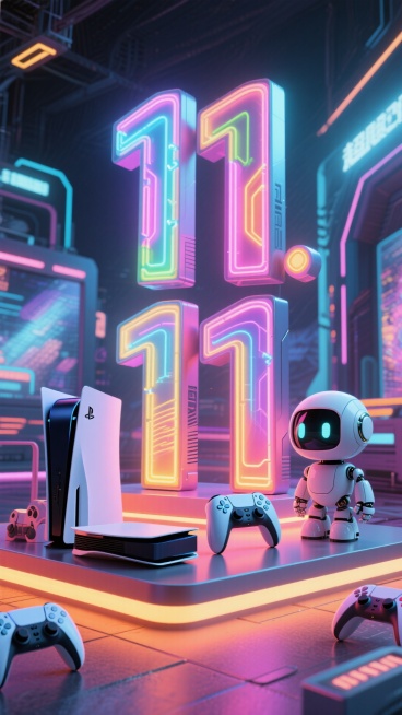 带有霓虹灯光的游戏风立体字“11.11”置于展台上 。周围环绕ps5游戏机和游戏手柄，一个可爱的机器人，科技风背景预览效果