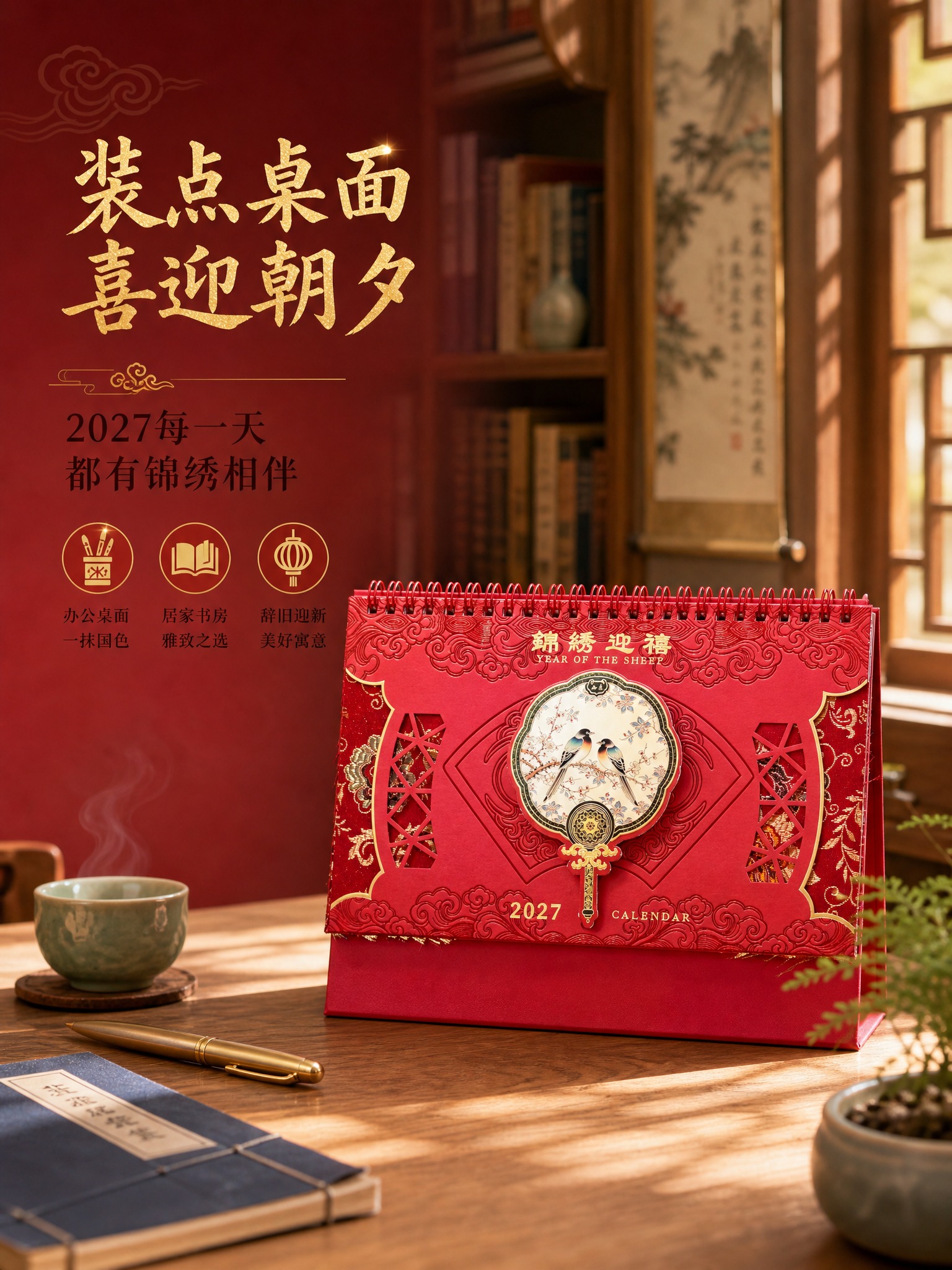 [商品] 使用【图1】锦绣迎禧款2027羊年国风台历；保留红色… - 图片创意预览