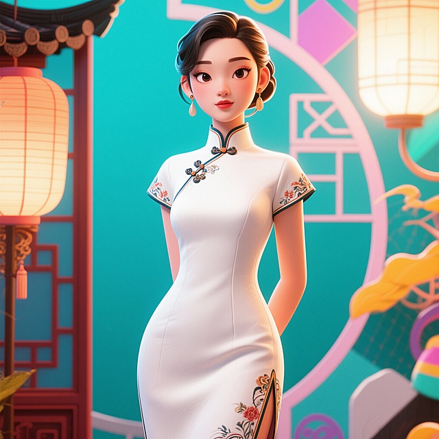 一位女性身着白色旗袍优雅站立，领口袖口有精致刺绣，3D风格