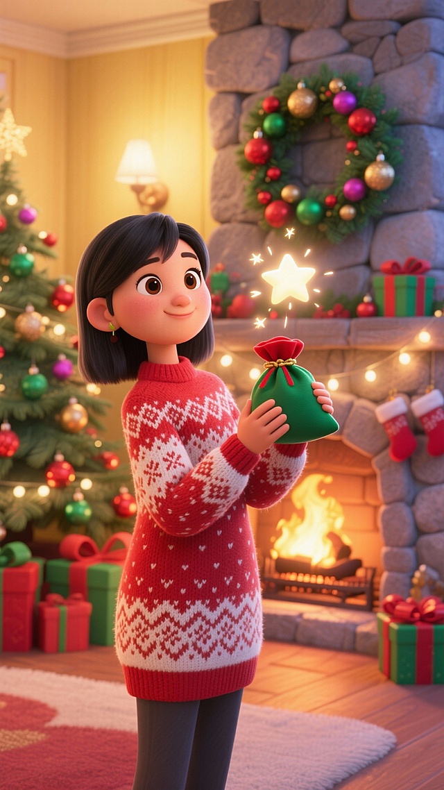 超写实迪士尼 3D 卡通渲染，黑色直发发女孩（穿红白花纹圣诞毛衣）拿着倒着的红绿福袋（飞出发光星星），背景是燃火石质壁炉、带灯圣诞花环、装饰彩球的圣诞树与红绿礼物，暖黄色室内光，圣诞欢快氛围，中景聚焦女孩，卡通质感细腻。
