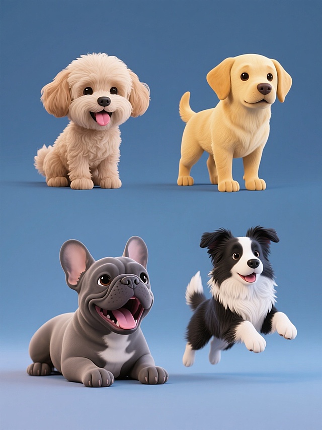 3D风格的小狗系列素材集合，规整排布，包含四只完全不同种类、不同造型的小狗，每只小狗都有独特的纯色背景，整体色彩各异，第一只为坐着吐舌的浅棕色马尔济斯犬，第二只为站立摇尾的金黄色拉布拉多犬，第三只为趴着打哈欠的灰色法国斗牛犬，第四只为跳跃的黑白相间边境牧羊犬，所有小狗毛发质感细腻，光影效果自然，立体感强，无LOGO、电话地址及二维码。