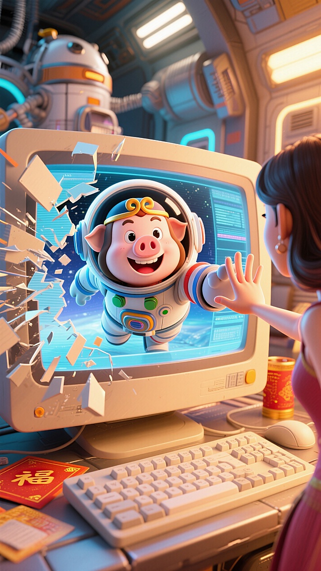 3D风未来科技感场景，拟人化小猪宇航员从虚拟现实屏幕中探出，互动可爱温馨。