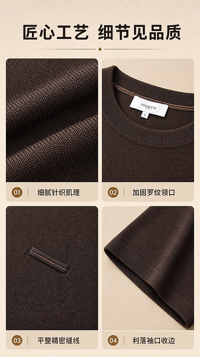[商品] 使用【图1】深咖色男士圆领针织短袖T恤；商品处理：保留圆领、短袖、胸前假口袋装饰、深咖色、针织纹理和整体版型；重点放大针织面料纹理、领口罗纹、缝线细节；自然去除杂乱褶皱，增强织物质感和针脚清晰度，不改变材质和颜色。
[画面] 目标：面料工艺细节页，展示针织品质与做工。构图：2×2宫格布局，四张细节特写分别展示：① 针织面料微距纹理 ② 领口罗纹细节 ③ 胸前假口袋缝线工艺 ④ 袖口收边做工；每格下方配短标签说明；背景为浅米色哑光质感，宫格间有细微间距，整体呈现精致工艺手册感。
[视觉] 套系策略：风格=高级轻商务休闲男装商业摄影；标题字=现代简约无衬线粗体；正文字=简洁无衬线体；主色=深咖棕；背景延展=基于深咖棕做深浅层级、同色渐变和细腻皮革/织物/哑光墙面质感；强调色=暖金棕，仅用于小面积图标、引线和标签装饰；标题色=深咖棕；正文色=中暖灰；组件=圆角浅棕信息卡、细线引线、极简几何装饰；光影=左前侧暖柔光，柔和阴影，高级影棚质感。
[文字] 顶部主标题「匠心工艺 细节见品质」。宫格每格下方对应短标签：细腻针织肌理 / 加固罗纹领口 / 平整精密缝线 / 利落袖口收边。文字横向排版，字号适中，手机端清晰可读。
[规格] 图片比例9:16竖版，分辨率2K，避免变形、错字、文字过小、冷蓝/冷灰背景、面料纹理失真、颜色改变、白底孤立、极限词。